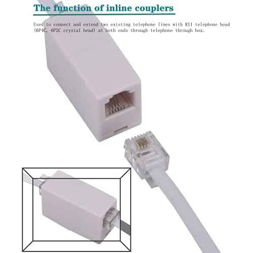 LanSenSu Phone Extension Cord 50 Ft, Phone Cord Telephone Cable with Standard RJ11Plug and 2 in-Line Couplers and 20Cable Clip Holders, White (White, 50 Feet)