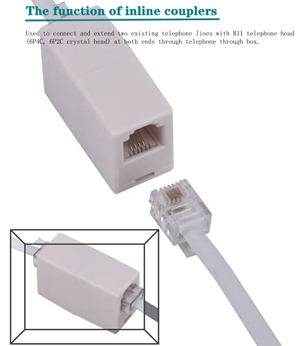 LanSenSu 50Ft White Phone Extension Cord with RJ11 Plug, 2 Inline Couplers & Cable Clips