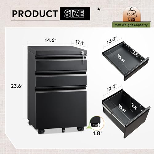 DEVAISE Black 3-Drawer File Cabinet with Lock, 17x15x24 Inches, Fully Assembled