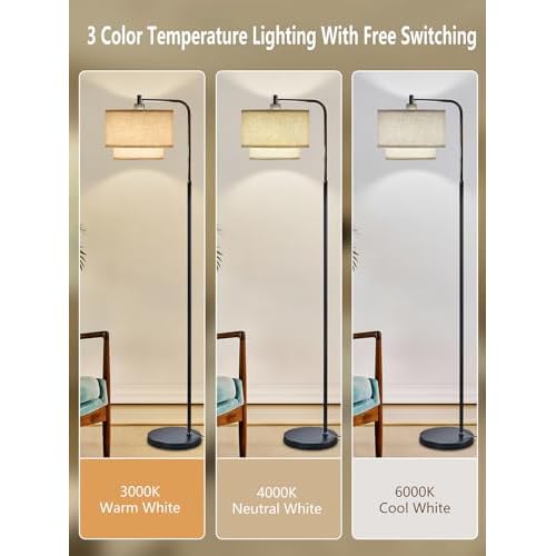 64" Modern Floor Lamp for Living Room Bedroom, Arc Floor Lamp with 3 Color Temperatures, Standing Lamp with Double Oatmeal Linen Lampshade, Tall Lamp with A19 12W LED Bulb, Foot Switch Control, Black