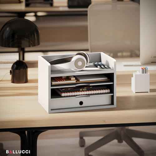Ballucci File Organizer, 4-Tier Office Desk Organizer, Open Top Wood Paper Organizer for Classroom, Desktop Mail Sorter Paper Tray, White