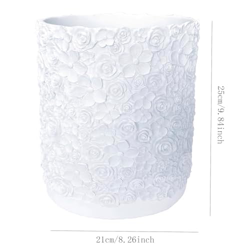 Decorative Trash Can Elegant Resin Carved Waste Basket 8"x10" Trash Bin Decor Rose Floral Garbage Can for Office Bathroom,Bedroom,Livingroom 8L/2.2Gallon(White)