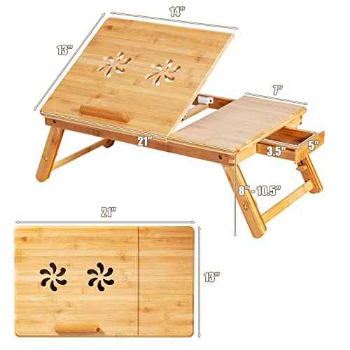Tangkula 100% Bamboo Laptop Desk with Tilting Top & Drawer, Height Adjustable Portable Breakfast Serving Bed Tray with Heat-Dissipation Holes, Folding Bed Table for Surfing Reading Writing Eating