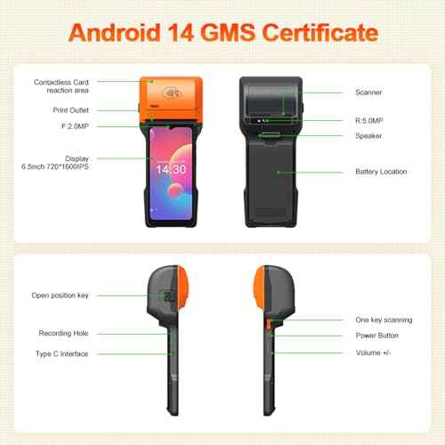 Alacrity Handheld POS PDA Android 14 Receipt Printer 3GB+32GB 1D 2D Barcode Scanner, Wifi/Gps/BT/4G Full Network Connection, 6.5" Touchscreen 80mm Width Thermal Label Printing 6400mAh Battery and NFC