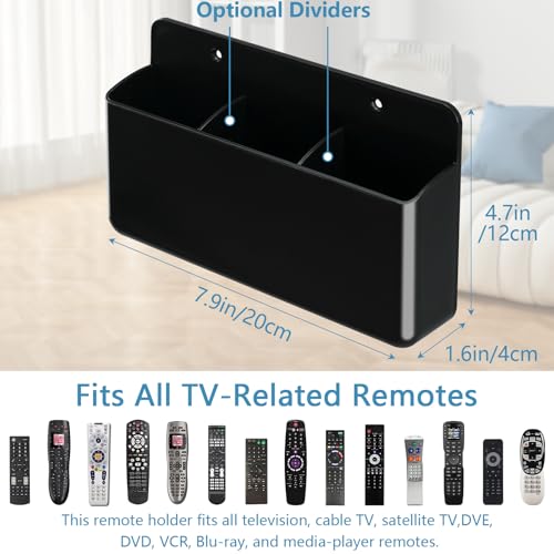Black 3 Slot Adjustable Wall Mount Remote Control Holder with Phone Charging Slot
