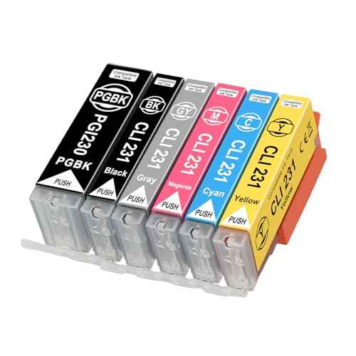High Yield 230XXL 231XXL Ink Cartridge PGI-230 CLI-231 Ink Replacement for Canon 230 231 Ink Cartridge for PIXMA TS8820 Inkjet Printer(6Pack,PGBK/BK/C/M/Y/GY)