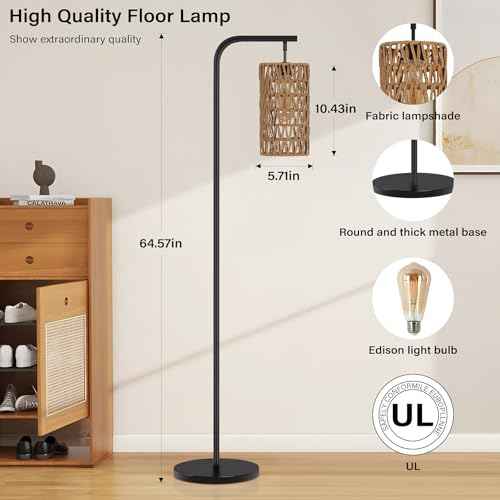 Boho Rattan Floor Lamp for Living Room - Rustic Hand-Made Wicker Farmhouse Standing Lamps with 3000K Soft Light, Foot Switch & Sturdy Base, Bedroom Office Corner Lamp for Reading Sleeping