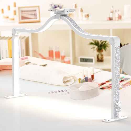 Upgraded 45W Half Moon Light for Nail Desk, 34Inch LED Nail Tech Lamp with Phone Holder, Foldable Dimmable Table Lamp for Manicure Lash Extensions Tattoo Eyebrows Crafts, Makeup Reading Lighting