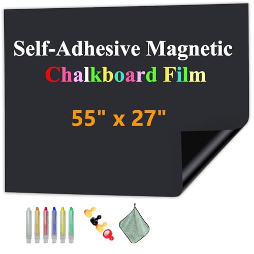 Magnetic Chalkboard Contact Paper with Adhesive, 55" x 27" Magnetic Blackboard Film for Walls, Peel and Stick ? Ideal for Office, Classroom, Home. Includes Dustless Chalk, Wiping Cloth, and Magnet