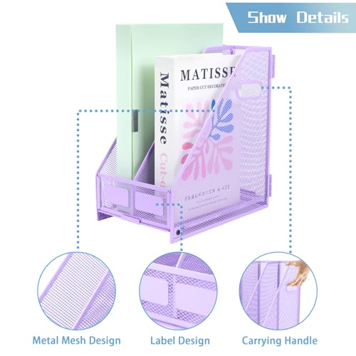 TSDRBWO 2 Vertical Compartments Purple Metal Desk Organizer for Home & Office