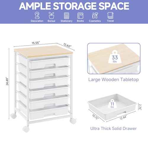 Rolling Cart with Drawers,Utility Cart with 6 Drawers,Rolling Storage Cart with Drawers and Wooden Tabletop & Lockable Wheel,White