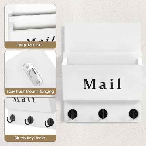 Mail and Key Holder - Decorative 8.86" x 11.42" Wall Key Hanger with 2 Mail Organizer Slots and 3 Hooks - Real Paulownia Wood with Keyhole Brackets, Hardware and Instructions (White)