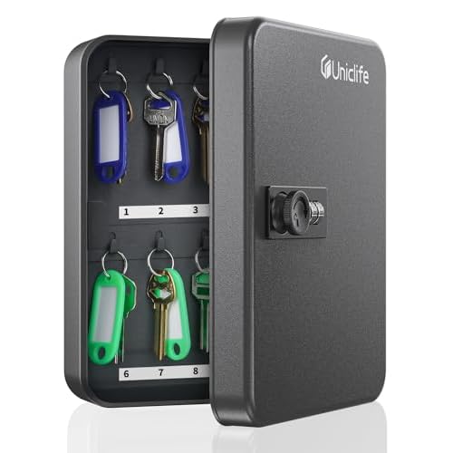 Uniclife 20 Position Key Cabinet with Combination Lock Resettable Black Digital Security Storage Box Steel Key Organizer with Colorful Key Tag Labels Stickers and Hooks