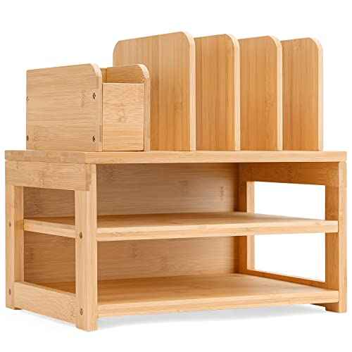 Homde Bamboo Desk Organizer with File Holder, Office Organization for Desks with Adjustable Pen Holding, Desktop Letter Paper Tray Storage for Workplace Home School (3-Tier,Natural)