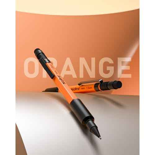 Nicpro 3 PCS 1.3 mm Orange Mechanical Pencils Set with 66 Lead Refill, 3 Eraser - Weatherproof Metal Barrel, Heavy Duty Carpenter Pencil MP2000 for Outdoor Marking Drafting Drawing Woodworking