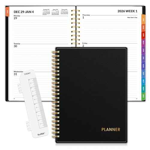 SUNEE 2026 Weekly and Monthly Planner - from January 2026 - December 2026, 6.4" x 8.3" Daily Agenda Planner with Monthly Tab, Flexible Cover, Note Pages, Pockets, Bookmark, Spiral Binding, Black