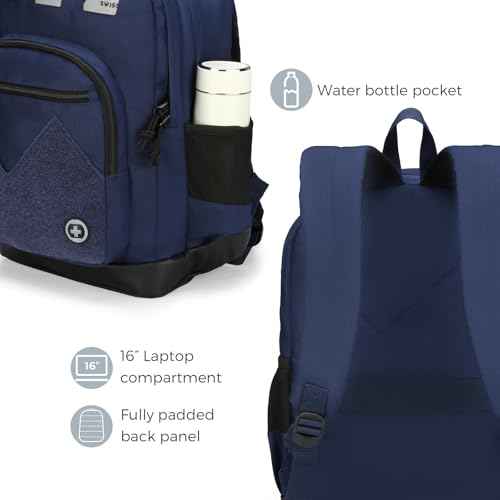 Swissdigital Design Cool Backpack, Stylish School Laptop Backpack with Fun Personalized Patches Fits 16 Inch Notebook, Travel Bag Pefect for Boys & Girls, Dark Blue | BERIKON - Includes 3 Patches