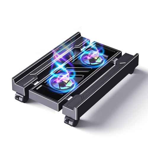 Adjustable Computer Tower Stand with Cooler Fan and Light, PC Stand for Floor, Mobile CPU Holder with 4 Caster Wheels Fits Most PC Tower, Under Desk CPU Holder for Office,Gamers and Students