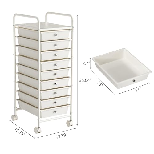 9-Tier Utility Cart with 9 Drawers, Rolling Utility Cart with 2 Lockable Caster Wheels, Multipurpose Mobile Rolling Storage Drawer Cart for Office Bathroom Kitchen, Ivory White