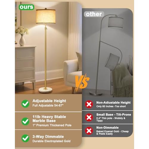 Modern Gold Floor Lamp for Living Room - Adjustable Height Standing Lamp with Marble Base & Linen Shade, 3-Way Dimmable Tall Floor Light for Bedroom, Reading, Bulb Included