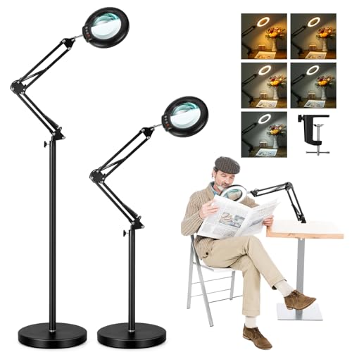 10X Magnifying Glass with Light and Stand, 3-in-1 Adjustable Swivel Arm LED Magnifying Floor Lamp, 5 Color Modes Brightness Stepless Dimming Lighted Magnifier Hands Free with Clamp for Craft, Reading