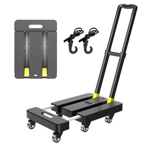 Folding Hand Truck, 500 LBS Heavy Duty Foldable Dolly Cart with Wheels, Telescoping Handle & 2 Elastic Ropes, Portable Luggage Cart for Moving, Travel, Home, Black Yellow