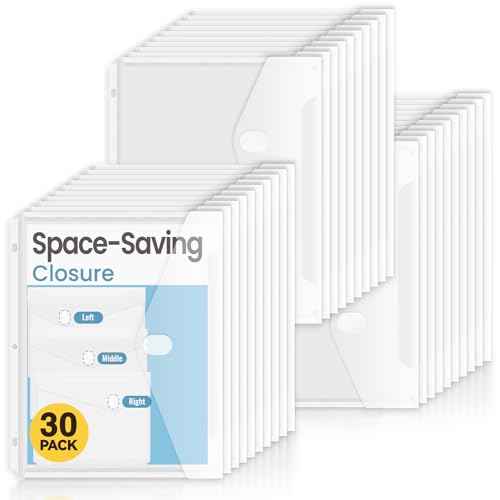 Sooez 30 Pack Binder Folders with Space-Saving Closure, Super Heavyweight Binder Pockets for 3 Ring Binder, High Capacity Clear Binder Pouch, Side Loading, 3 Ring Folders with Pockets, Letter Size