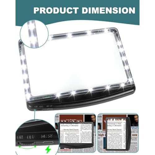 5X Rechargeable Magnifying Glass for Reading, Large Bright LED Lighted Full Page Magnifier, Lightweight Rectangular Handheld Magnifier with Light for Reading Small Prints for Seniors, Low Vision