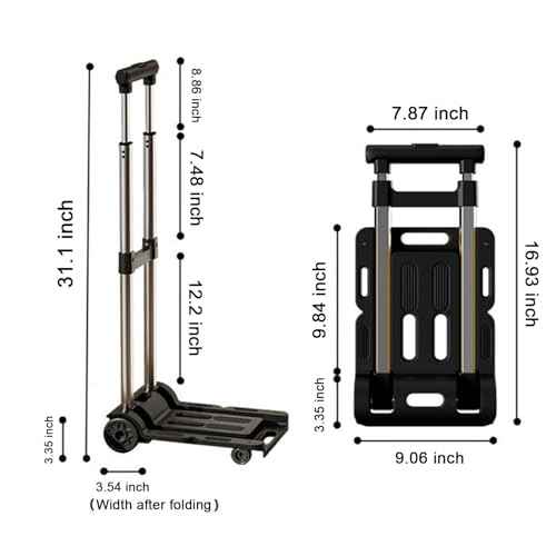 Luggage Portable Cart Folding Dolly Travel Lightweight Adjustable Metal Alloy 4Wheels Black Dolly Moving Collapsible cart (L- Black)