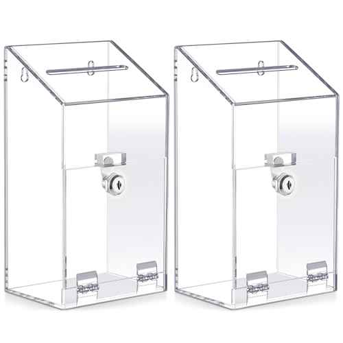 Juexica 2 Pcs Acrylic Donation Box 10.2" x 5.6" x 4" Suggestion Box with Lock and Slot Wall Mount Safe Key Drop Ballot Clear Fundraising for Home Office Vote