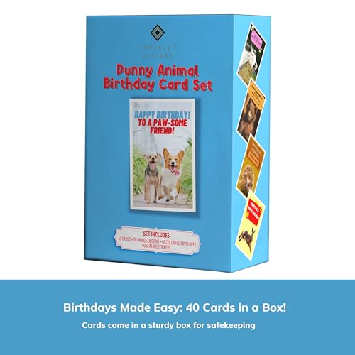 Imperial Designs 40 Pack Funny Punny Birthday Cards with Envelopes and Stickers - 20 Unique Designs - for Kids, Office, Teachers - Assorted Bulk Animal Birthday Cards (Medium, 4x6'', Blank Inside)