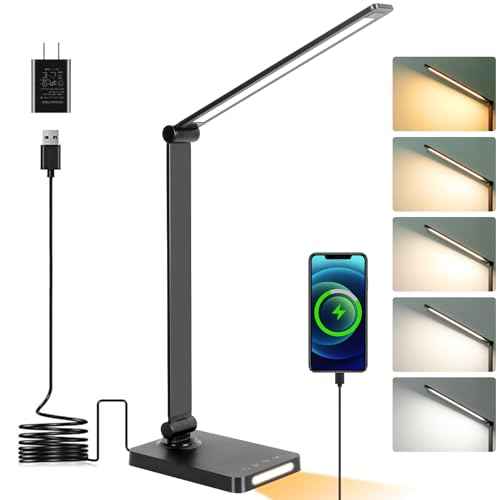LED Desk Lamp with USB Ports,Touch Desk Lamps for Home Office with 5 Color Modes,3 Brightness Desk Light with Small Night Light,Reading Lamp Table Lamp for Bedroom Bedside Study Black £¨with adapter£©