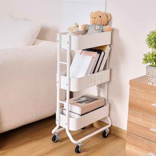 MAX Houser Slim 3-Tier Rolling Utility Cart, Narrow Metal Bathroom Storage Multifunctional Organizer Carts with Wheels with Extra Hook, Laundry Room,Kitchen,Small Space(White)
