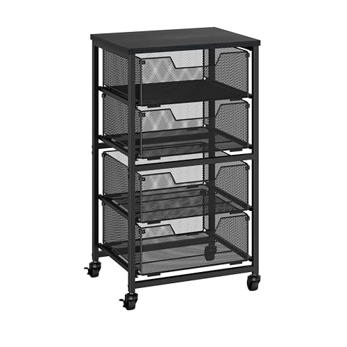 Aokitsink Black 4-Drawer Rolling Storage Cart with Wooden Top, Heavy-Duty Metal Frame