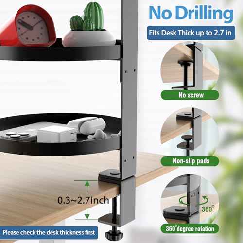 Swivel Clamp On Desk Shelf with 9.8in Adjustable Metal Storage Tray Above or Under Desk Storage 3-Tier Desk Extension Shelving Unit No Drilling Desktop Shelves for Max Desktop Thickness 2.7in