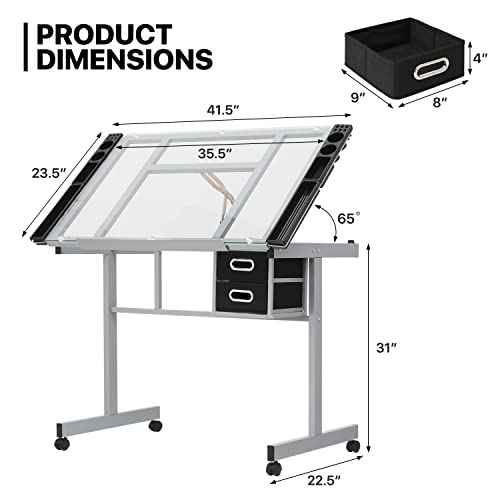 MoNiBloom Drafting Table on Wheels with Storage & Side Tray - Adjustable 0-65¡Æ Glass Tabletop, Replaceable Feet Art Desk
