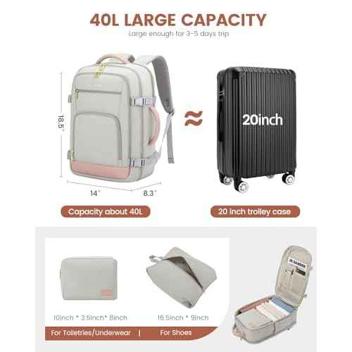 LOVEVOOK Travel Backpack For Women, 40L Carry On Backpack Flight Approved, TSA Personal Item Travel Bag Fits 17 Inch Laptop, Business Weekender Overnight Waterproof Daypack With 2 Cubes, Grey-Pink
