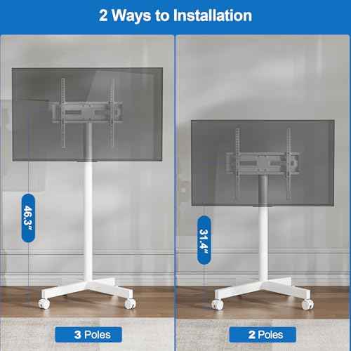 Mobile TV Cart Rolling TV Stand for 23-65 Inch Screen Outdoor TVs up to 110lbs, Height Adjustable Portable AV Cart with Wheels and Tilt Mount, Outdoor TV Stand Mount, Max VESA 400x400mm, White