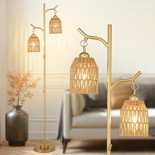 Boho Floor Lamp 2 Light Farmhouse Rattan Tall Floor Lamp for Living Room, Foot Switch, Vintage Standing Tree Lamp for Bedroom, Office, Study Room, Dining Room, Gold