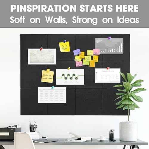 Large Cork Board Felt Wall Tiles 24 Pack, 70"x47" Felt Bulletin Board Pin Board with 48 Safe Removable Adhesive Tabs, 60 Push Pins, Alternative Cork Board for Walls Home Office, Black