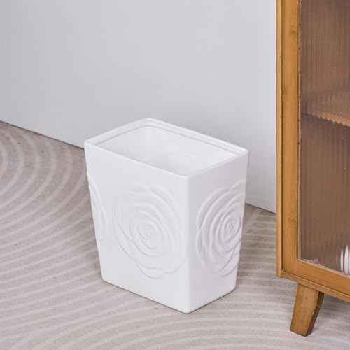 White Ceramic Rose Small Bathroom Trash Can 2.5 Gal (9 Liter), Heavy Small Kitchen Garbage Bin, Living Room Bedroom Corner Trash Can, Decorative Wastebasket for Outdoor Garden, Home Office,Hotel Motel