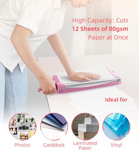 Firbon Pink 12-Inch Guillotine Paper Cutter with Hidden Ruler, Compact Trimmer