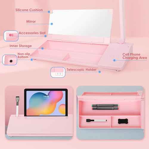 SHANTRA 16'' x 7'' Desktop Whiteboard with Fast Charger Station & Adjustable LED Lamp, Pink Desk Dry Erase Board with Organizer, Computer Pad & Keyboard Stand for Home, School, Office Desk Accessories