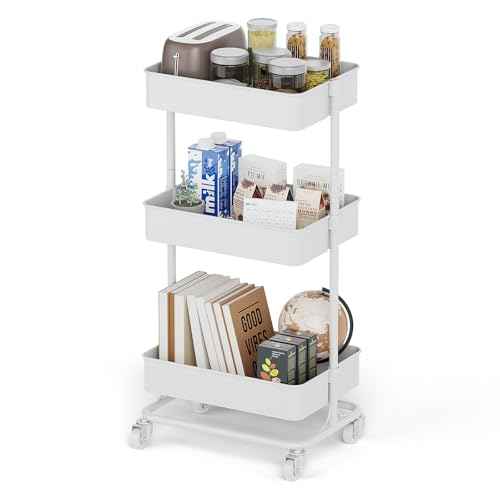 3-Tier Adjustable Rolling Cart with Dual-Column Frame, Tool-Free Assembly Metal Utility Cart, Customizable Storage Organizer for Kitchen Bathroom Office Heavy Duty 120lbs Capacity - White