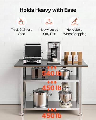 VEVOR Stainless Steel Kitchen Work Table 24x48 in with 2 Shelves Backsplash
