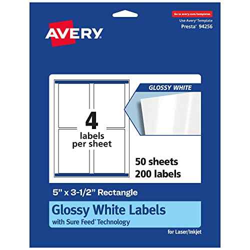 Avery Glossy White Rectangle Labels, Sure Feed Technology, 5" x 3.5", 200 Glossy White Labels, Permanent Adhesive, Laser/Inkjet Printable