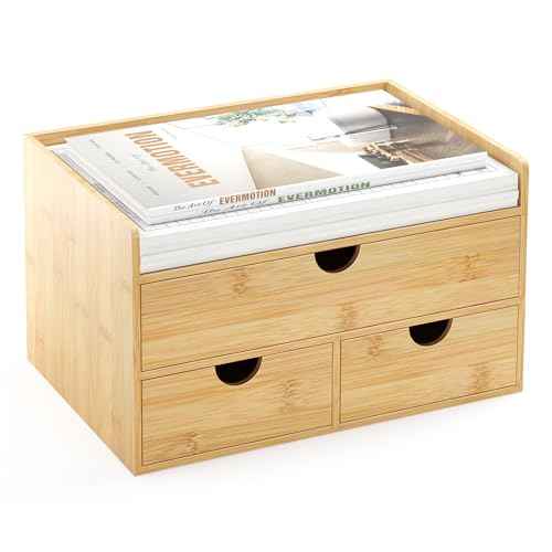 Wisuce Desk Organizer with Drawers - Bamboo Desktop Organizer Storage-Natural Wood Desk Drawers Organizer for Bills, Office Supplies, Cosmetics, Seals No Assembly Required (3 Drawers£¨top-bottom))