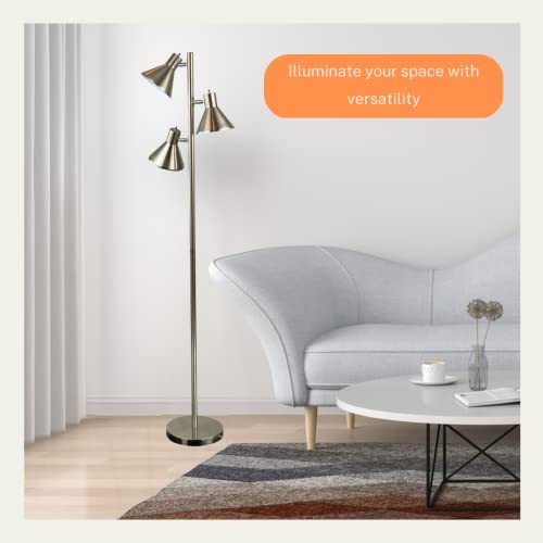 LIGHTACCENTS Tree Floor Lamp, Brushed Nickel - Modern Pole Lamp with 3 Adjustable Reading Lights - 64 inch Stand Lamp for Living Room, Bedroom, Dorm Room
