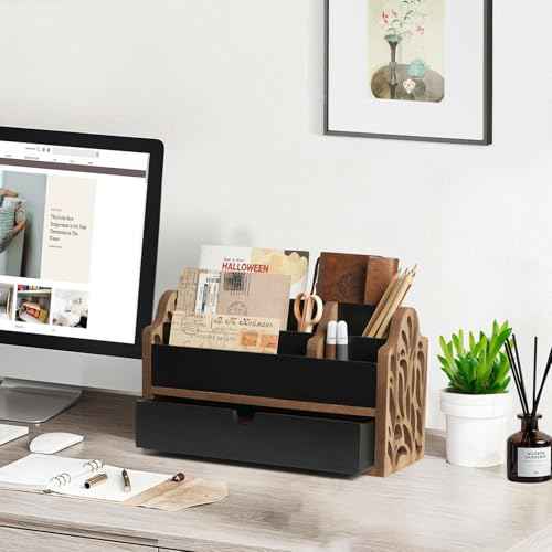 Desk Organizer with Drawer Wood File Office Mail Organizer Countertop-5 Slot Tabletop Storage Pen Organizer Letter Holder for School Home Office Supplies