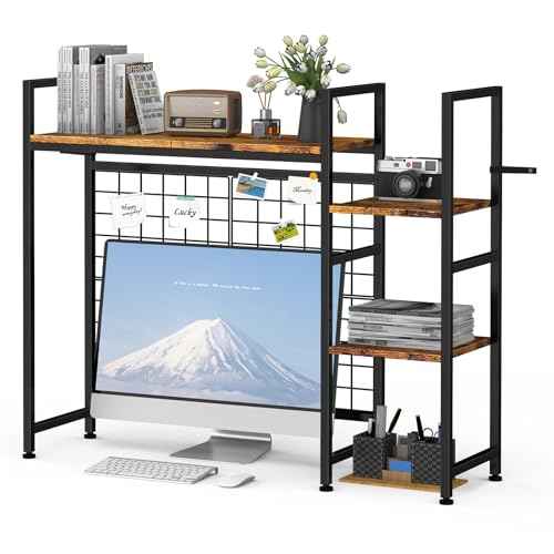 YBING Desk Shelf for Top of Desk Hutch - 4 Tier Computer Bookcase, Brown Wood Desktop Display Storage Rack Organizer for Home Office, Dorm